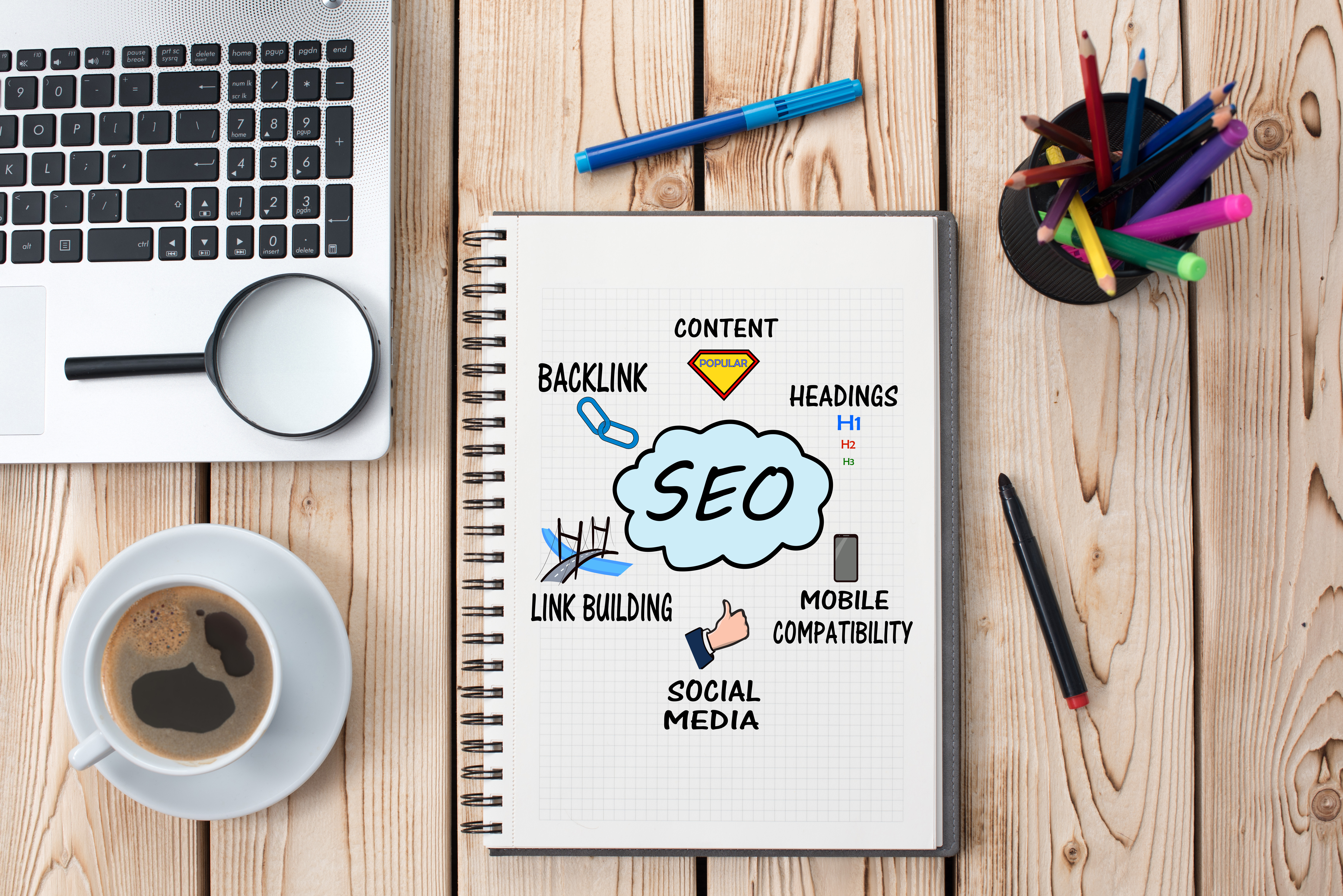 Search Engine Optimization book with the following words on it: content, headings, mobile compatibility, social media, link building, backlink
