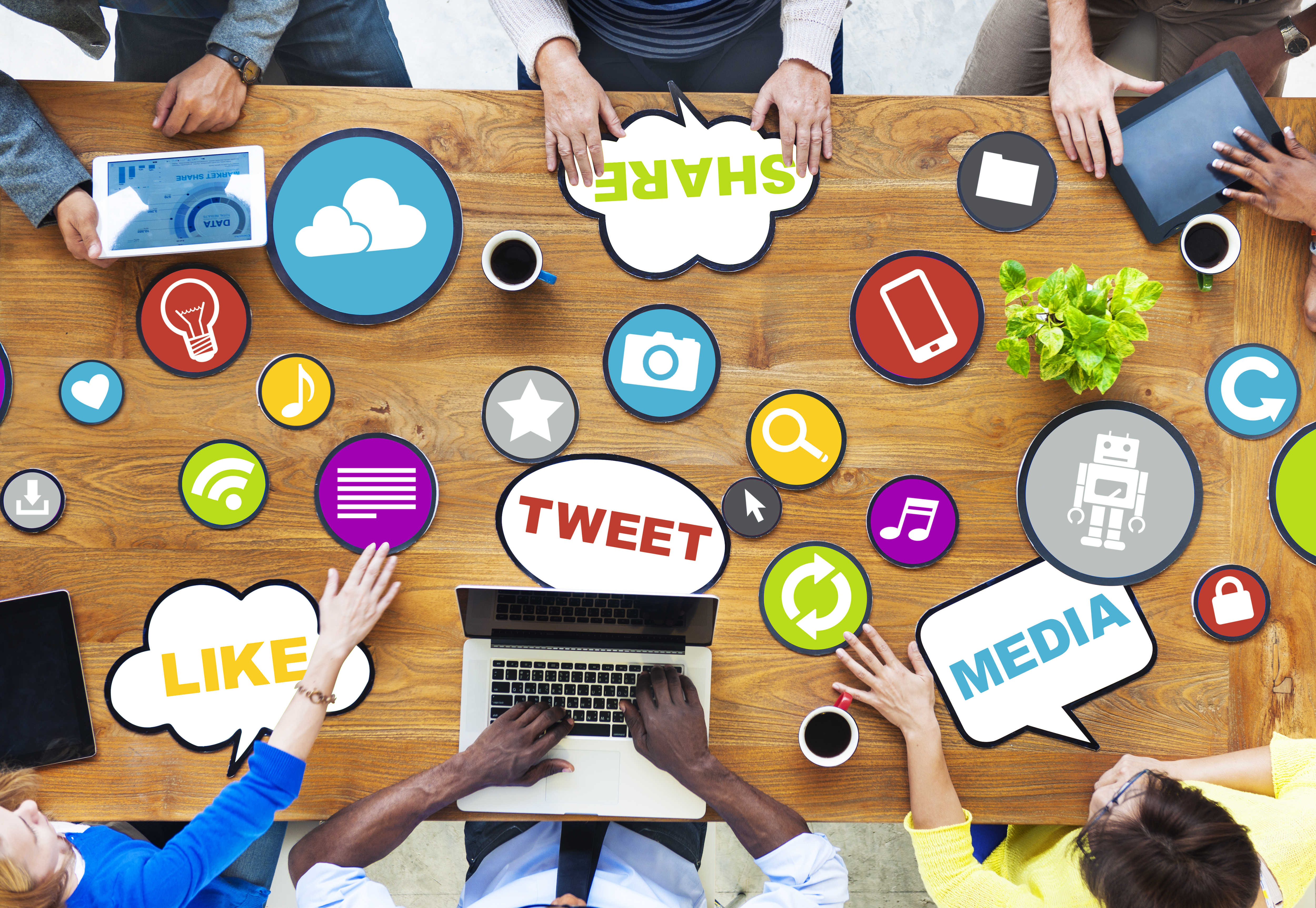 Social media terms including share, tweet, media and like.